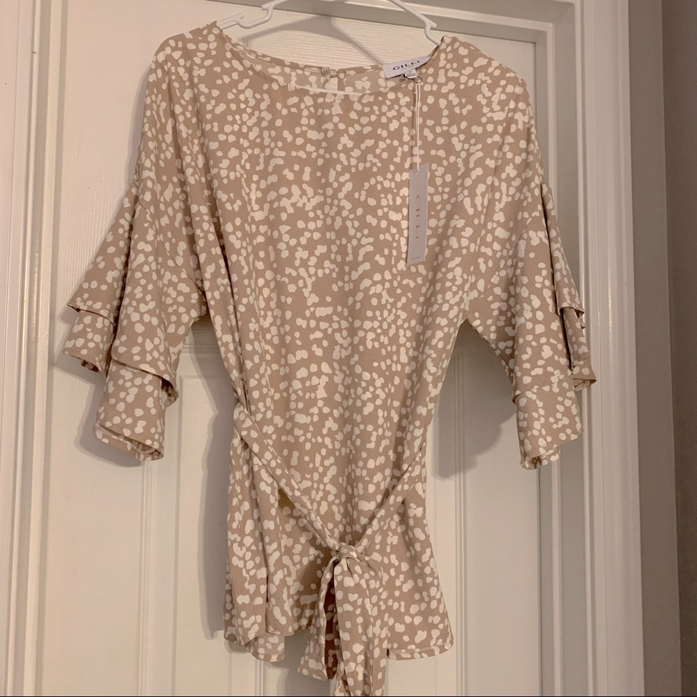 Ruffle sleeve print blouse with tie waist